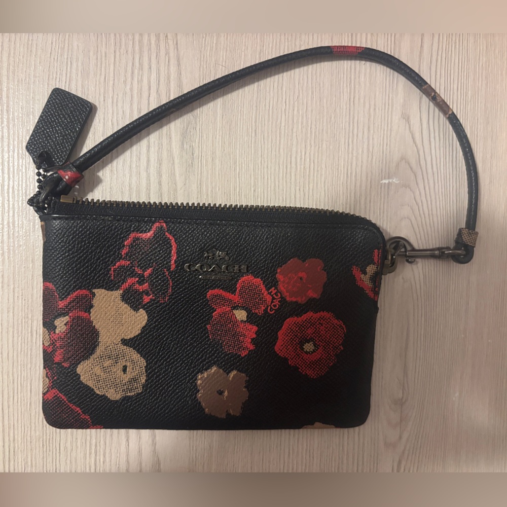 Coach Black Floral Leather Wristlet with Red and Tan Blooms